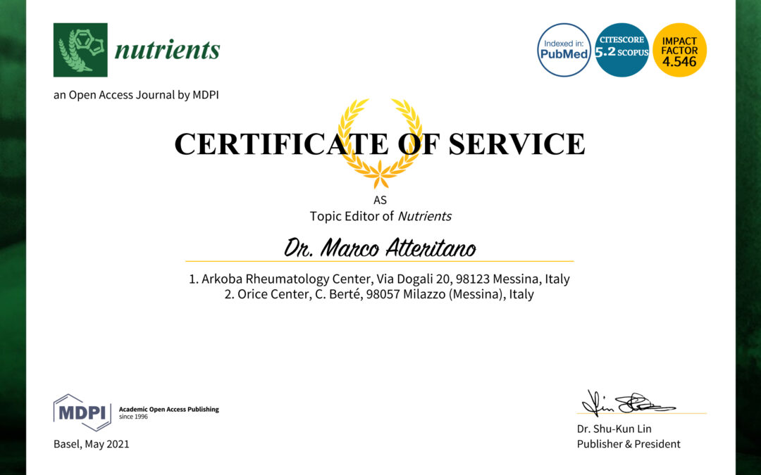 Il dott. Marco Atteritano Topic Editor Board della rivista internazionale Nutrients